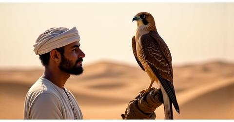 A falconer with a majestic falcon in the desert, demonstrating traditional falconry