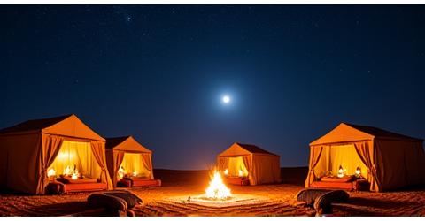 A traditional Bedouin desert camp at night, with tents and a campfire under starry sky