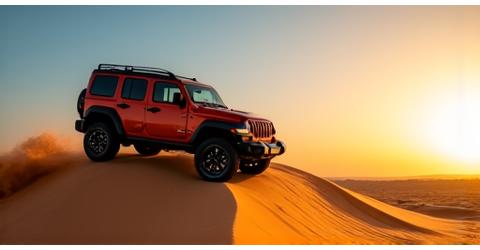 4x4 vehicle dune bashing on dramatic sand dunes at sunset