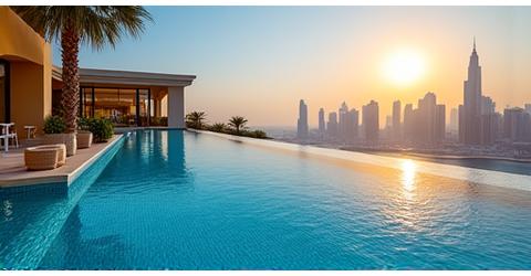 Infinity pool overlooking a city skyline in Dubai
