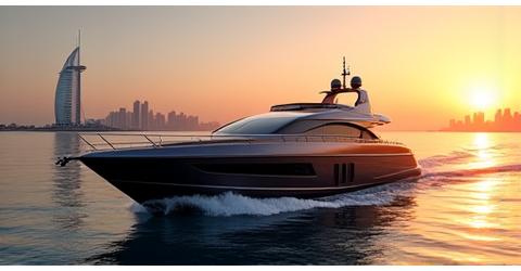 Luxury yacht cruising along the Dubai coastline at sunset